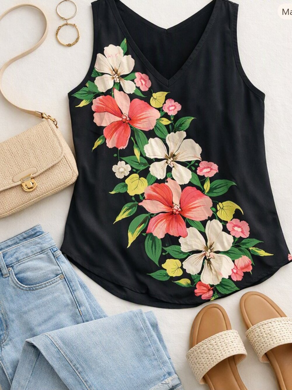 Black Floral Sleeveless Blouse XS Rayon Cutout Neckline Summer Top
